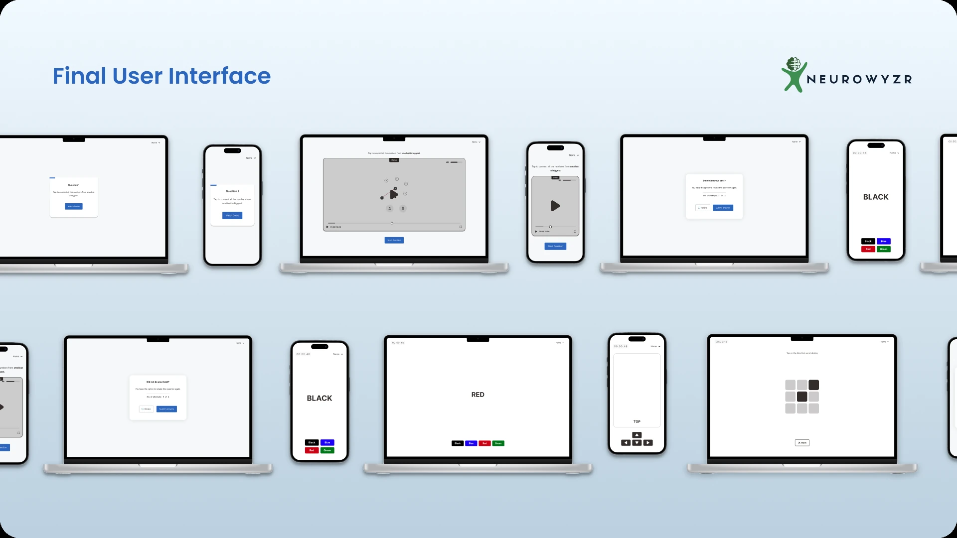 Final Neurowyzr cognitive screening interface across devices